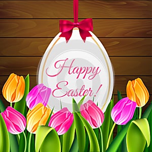 Happy Easter tulips egg and text on wooden background vector illustration for greeting card, ad, promotion, poster