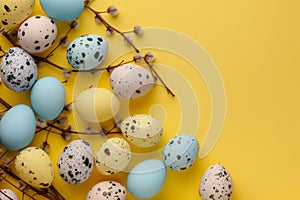 Happy easter tulips Eggs Easter egg tree Basket. White space for illustration Bunny banter. sports background wallpaper