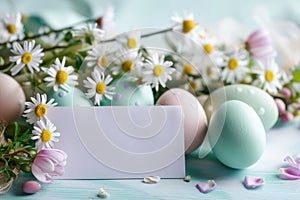 Happy easter turquoise autumn Eggs Pattern Basket. White springtime blessing Bunny easter wisteria. turquoise fields background