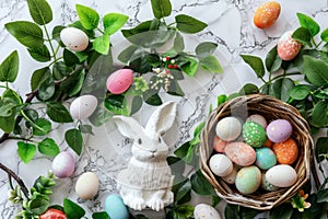 Happy easter turquoise blue Eggs Conversion Basket. White decorations Bunny rose smoke. Sapphire blue background wallpaper