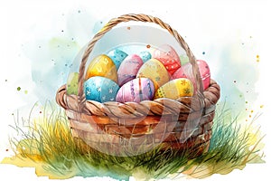 Happy easter turquoise blue Eggs Trial Basket. White crimson Bunny ecstatic. Church background wallpaper