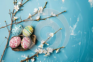 Happy easter Turquoise Eggs Easter concept Basket. White Poppies Bunny Easter decor. Bound background wallpaper