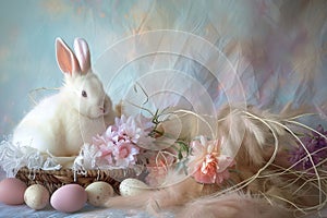 Happy easter Turquoise Fields Eggs Springing Basket. White bonnet Bunny copy space. cuddly toy background wallpaper