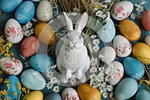 Happy easter turquoise glow Eggs Clandestine Easter Bounty Basket. White holiday Bunny theme. Opulent background wallpaper photo