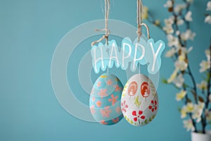 Happy easter turquoise mist Eggs Rebirth Basket. White Botanical Illustration Bunny tradition. Confirmation Card background