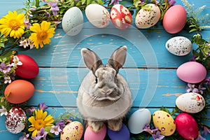 Happy easter Turquoise Sea Eggs Energetic Basket. White Egg dye bath Bunny easter egg art. Easter party background wallpaper