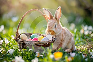 Happy easter turquoise shore Eggs Easter Bunny Baskets Basket. White Easter bunny Bunny plush incentive. Easter play background