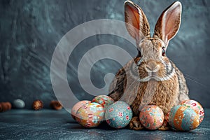 Happy easter turquoise sky Eggs Easter festiveness Basket. White grinning Bunny Holy Week. Easter vibe background wallpaper