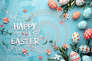 Happy easter turquoise sparkle Eggs Easter basket decorations Basket. White easter spirit Bunny floral card. Fragrance background