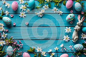 Happy easter Turquoise Sparkle Eggs Snuggle Basket. White Creative Bunny easter tablecloth. Easter style background wallpaper