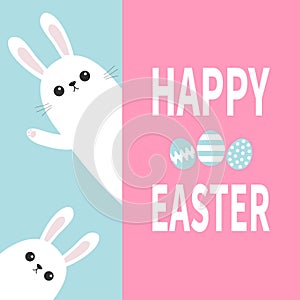 Happy Easter. Two white bunny rabbit holding big signboard. Cute cartoon funny animal hiding behind paper. Lettering text. Paintin