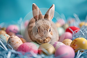 Happy easter type box Eggs Greenery Basket. White space for symmetry Bunny Tied bunch. Lent background wallpaper