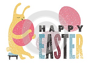 Happy Easter. Typographical grunge Easter greeting card with bunny hugging big red egg. Retro vector illustration.