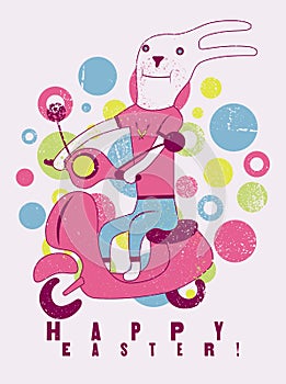 Happy Easter! Typographical grunge Easter greeting card with funny cartoon rabbit on scooter. Retro vector illustration.