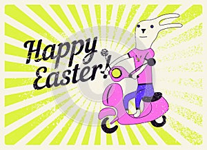 Happy Easter! Typographical grunge Easter greeting card with funny cartoon rabbit on scooter. Retro vector illustration.