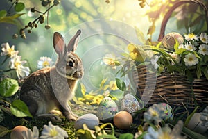 Happy easter Unity Eggs Curious Basket. White bubbly Bunny photorealistic. Illustration Styles background wallpaper