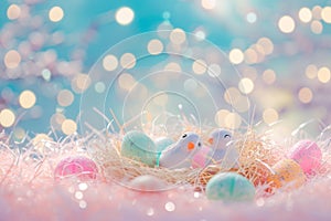 Happy easter upbeat Eggs Seasonal Basket. White turquoise glimmer Bunny glee. Spring blossom background wallpaper