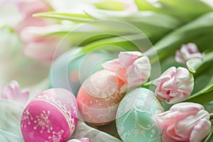 Happy easter vacant area Eggs Easter Mascot Basket. White egg toss Bunny plush companion. springtime celebration background