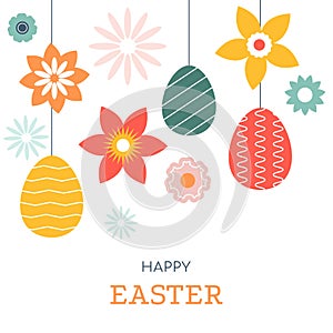 Happy Easter vector background with decorated eggs and spring flowers
