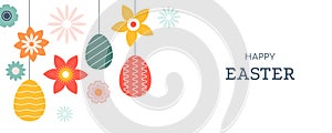 Happy Easter vector background with hand drawn eggs and spring flowers
