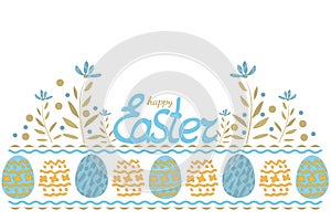 Happy Easter vector card with eggs and flowers.