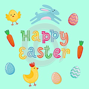 Happy Easter vector cute banner with colored ornate eggs, cartoon chiken and Easter banny, rabbit on yellow paper background. Funn