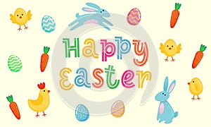 Happy Easter vector cute banner with colored ornate eggs, cartoon chiken and Easter banny, rabbit on yellow paper background. Funn