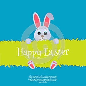 Happy Easter. Vector Easter bunny looking out a green background Wide copy space for text.