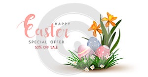 Happy Easter vector element for design.eggs in green grass with white flowers isolated on white background.Vector greeting card,