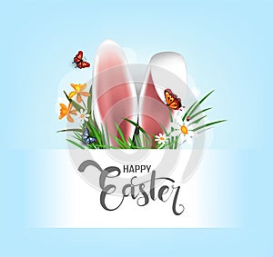 Happy Easter vector element for design.eggs in green grass with white flowers isolated on white background.Vector greeting card,