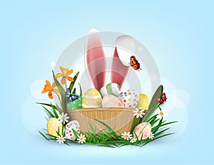 Happy Easter vector element for design.eggs in green grass with white flowers isolated on white background.Vector greeting card,