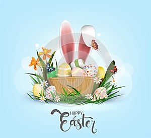 Happy Easter vector element for design.eggs in green grass with white flowers isolated on white background.Vector greeting card,