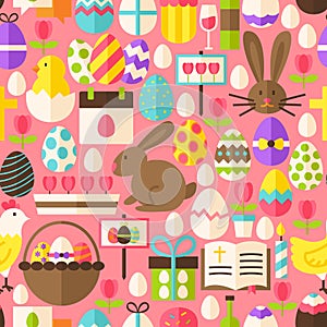 Happy Easter Vector Flat Design Pink Seamless Pattern