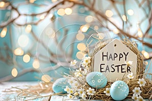 Happy easter Vector Illustration Eggs Easter Bunny Gifts Basket. White easter basket fillers Bunny Flower. butterflies background