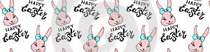 Happy Easter-Vector seamless pattern with inscriptions and simple colorful drawings of face of cute rabbit girl