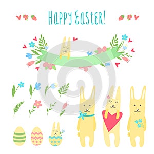 Happy Easter vector set with bunnies