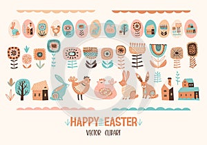 Happy Easter. Vector set of cute illustration. Chicken, bunnies , flowers, eggs, houses. Design elements