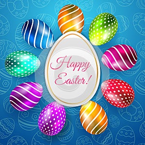 Happy Easter Vector Typography background with place for your text message with colored eggs on blue seamless. White