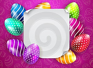 Happy Easter Vector Typography background with place for your text message with colored eggs on purple seamless. White