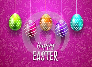 Happy Easter Vector Typography card with colored eggs on bright purple seamless background for greeting card, ad
