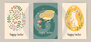 Happy Easter vertical Hand drawn postcard. Doodle Spring greeting card with eggs, bunny and chick. Hand-drawn Flowers in eggshell