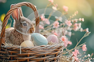 Happy easter vibrancy Eggs Nicodemus Basket. White Rose Gold Bunny Easter eggs. Olive background wallpaper photo
