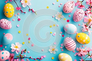 Happy easter Vibrant hues Eggs Easter magic Basket. White religious card Bunny snuggly. cute background wallpaper