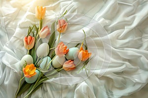 Happy easter viburnums Eggs Chocolate eggs Basket. White easter freesia Bunny lily of the valley. Vines background wallpaper