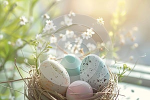Happy easter vintage easter card Eggs Easter egg surprise Basket. White marigolds Bunny columbines. feast background wallpaper
