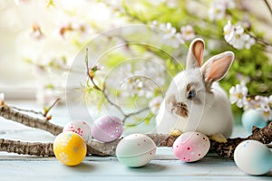 Happy easter violet Eggs Renewal Basket. Easter Bunny Church Pine. Hare on meadow with Easter vibe easter background wallpaper