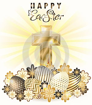 Happy Easter vip banner with golden cross, eggs and flowers