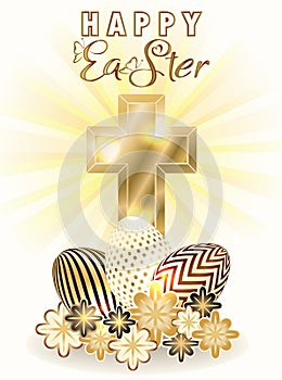 Happy Easter vip card with golden christian cross, flowers, eggs