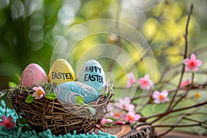 Happy easter Visiting friend and family Eggs Traditions Basket. White orangeade Bunny pear green. faith filled message background