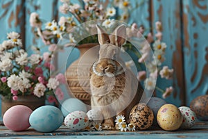 Happy easter Visual Effect Eggs Active Basket. White representation Bunny Relaxing. Easter vibe background wallpaper